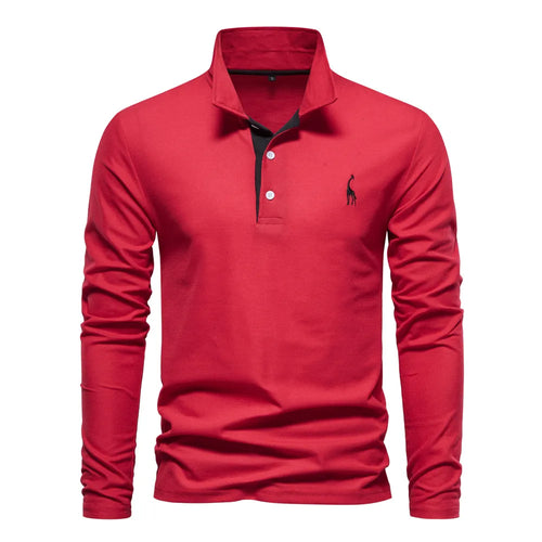 AIOPESON Deer Embroidery Men's Polo Shirts Solid Color Long Sleeve