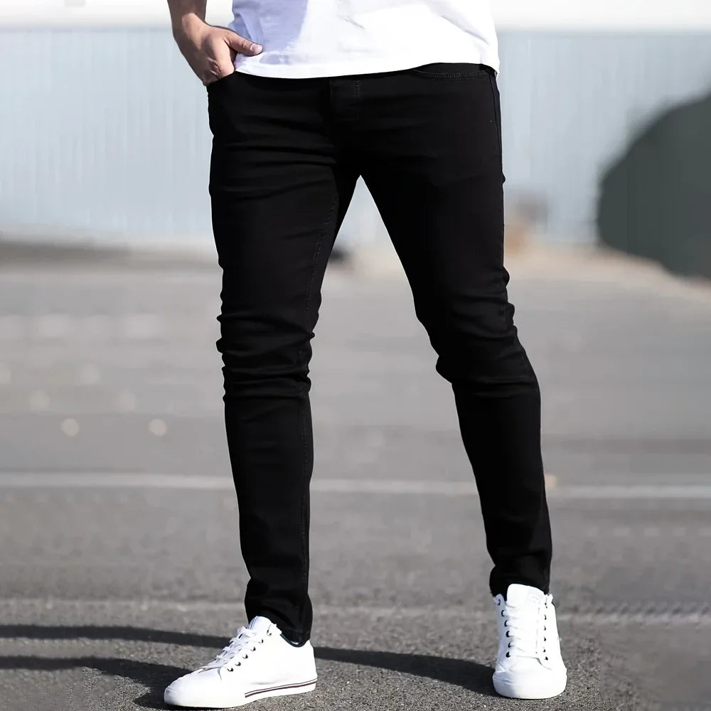 Spring Mens Black Blue Pants Pure Color Stretch Jeans Street Casual