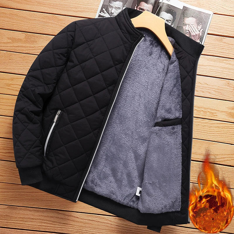 Autumn Winter Bomber Jacket Men Diamond Pattern Fleece Lined Casual