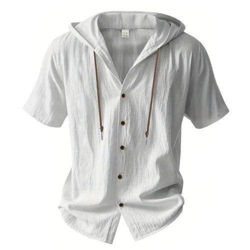 Cotton Linen Shirt for Men Hooded Short Sleeve Solid Color Breathable