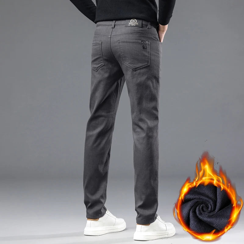 Winter New 2025 Fleece Pants Men's Thick Slim Elastic Business Casual