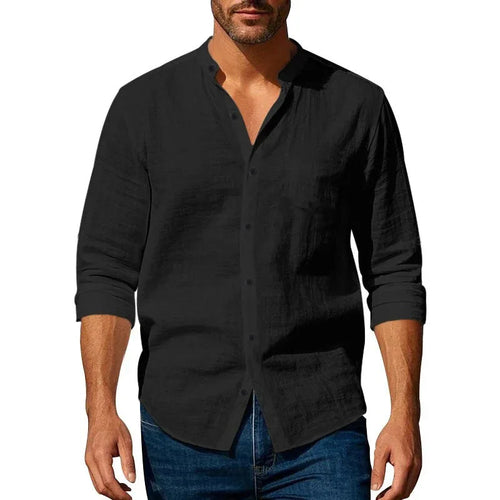 Cotton Linen Shirt for Men Henley Neck Solid Color Lightweight