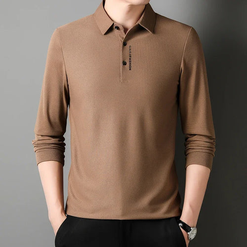 Men's Waffle Long Sleeved POLO Shirt with Letter Printed Lapel Casual