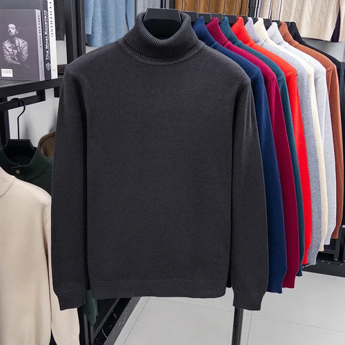 Autumn Mens High Quality Knitted Turtleneck Sweater Slim Fit Long