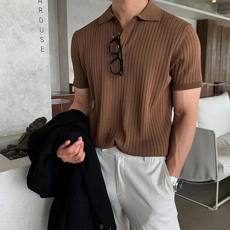 Summer Men's Clothing Retro Knit Lapel Striped Polo Shirt Solid Color