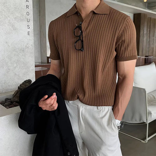 Summer Men's Clothing Retro Knit Lapel Striped Polo Shirt Solid Color