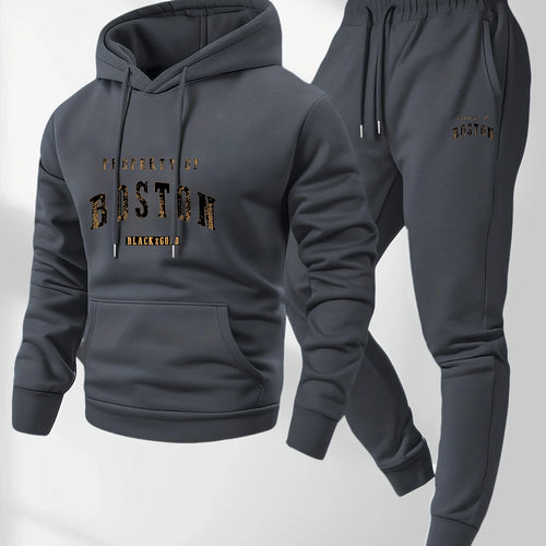 Men's Boston print hooded sweatshirt and sweatpants soft and