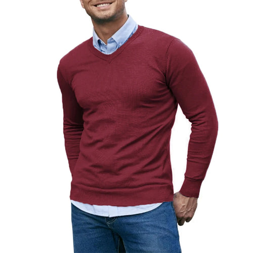 Men's V Neck Sweater Knitted Pullover Casual Soft Lightweight Long