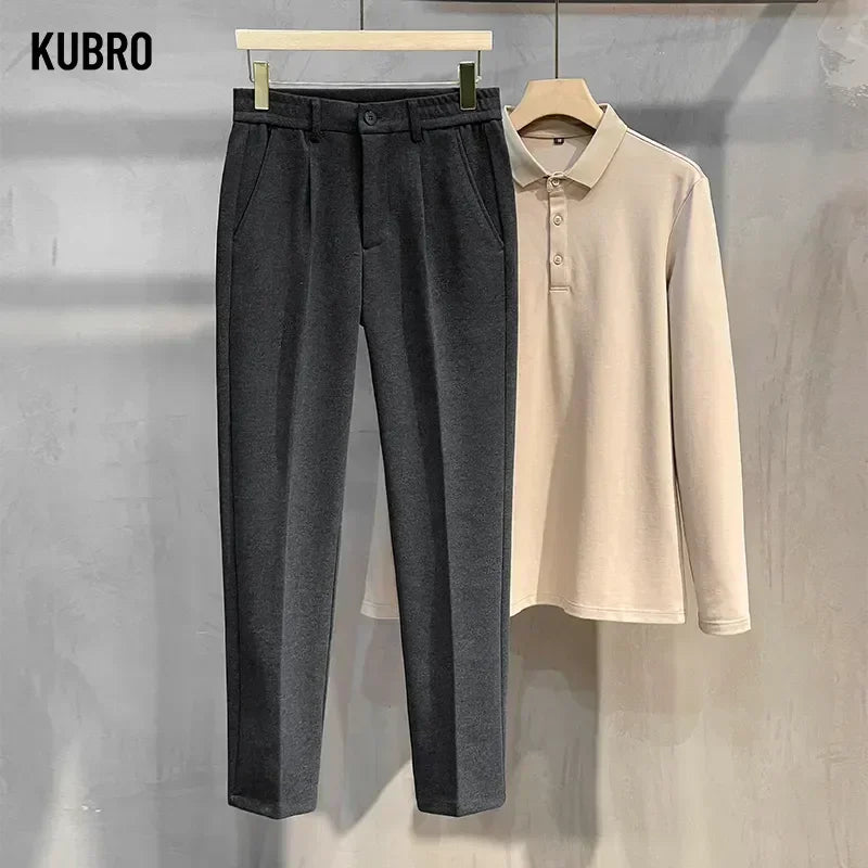 Autumn Winter Suit Pants Men Thick Business Elastic Waist Classic Grey