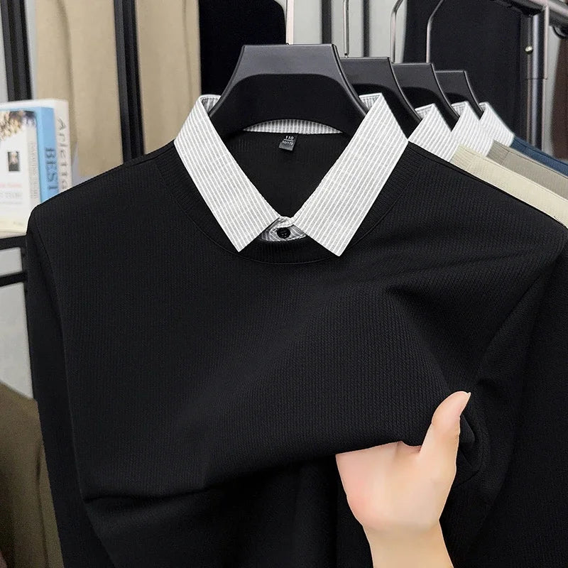 2025 New Men's Fake Two Piece Polo Shirt Casual Fashion Long Sleeve
