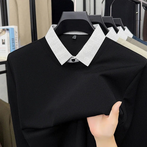 2025 New Men's Fake Two Piece Polo Shirt Casual Fashion Long Sleeve