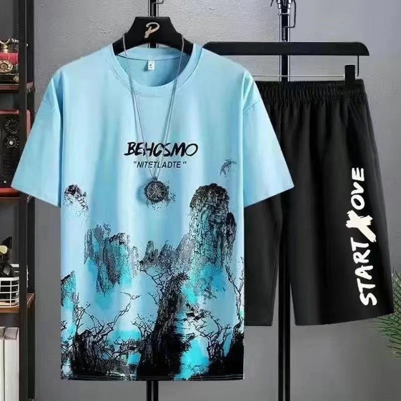 2024 Summer leisure Men set Manga Graffiti Tees T-shirt+shorts 2-piece