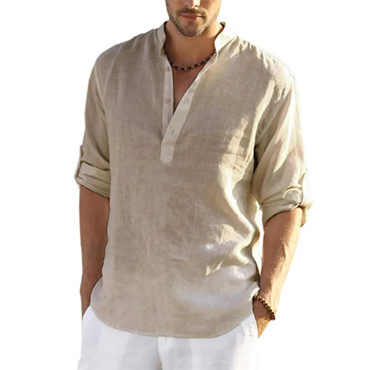 2022 New Men's Casual Blouse Cotton Linen Shirt Loose Tops Long Sleeve