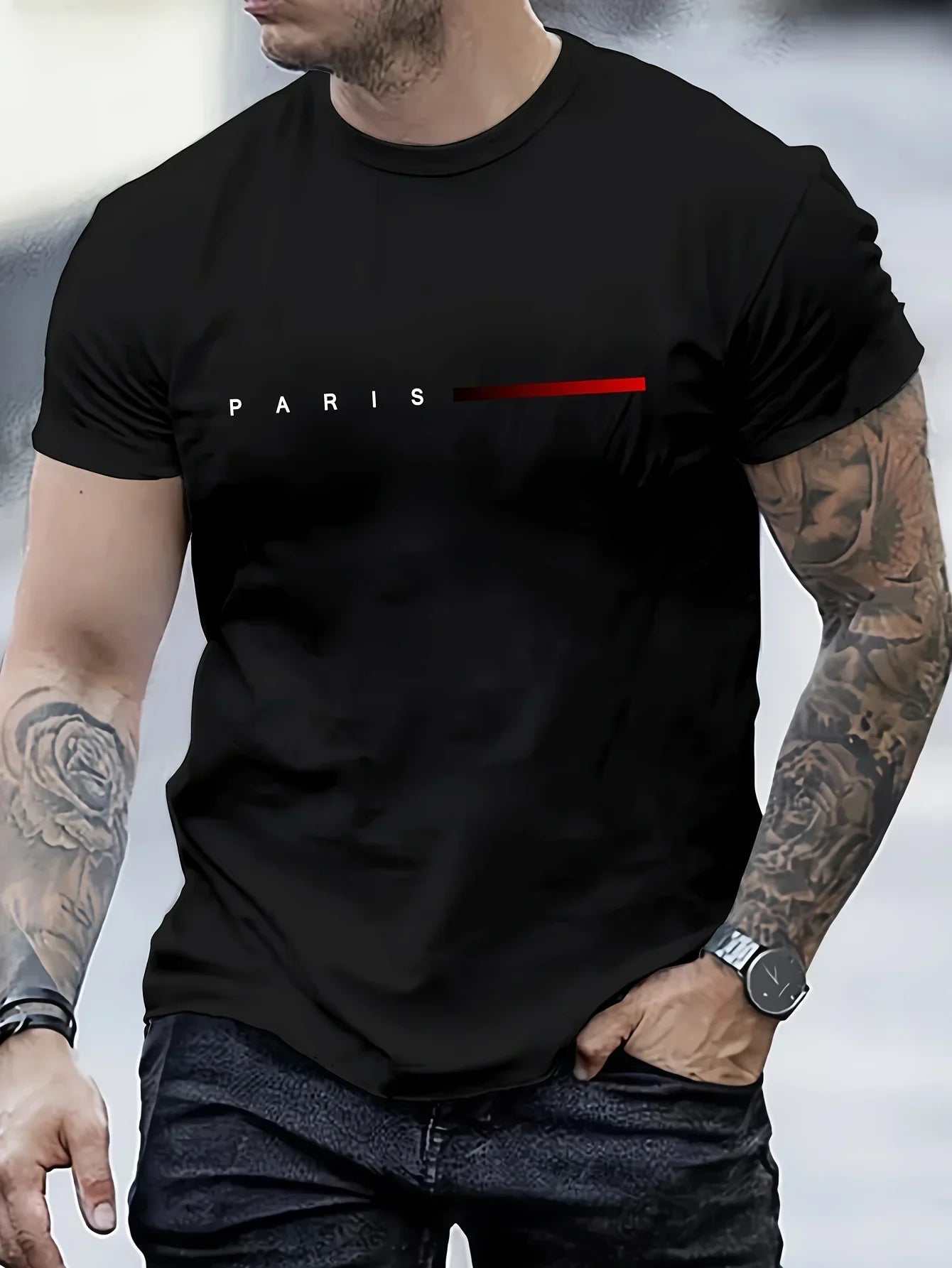 Men's 100% Cotton Summer Loose PARIS Creative Letter Print Casual Slim