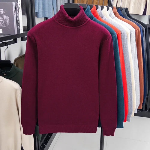 Autumn Mens High Quality Knitted Turtleneck Sweater Slim Fit Long