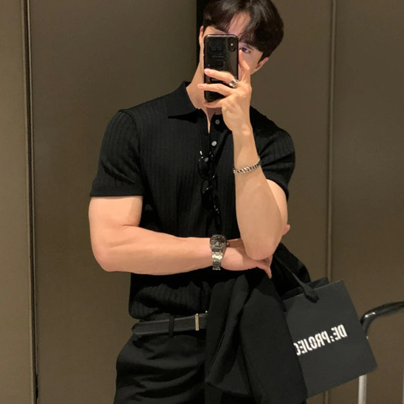 Summer Men's Clothing Retro Knit Lapel Striped Polo Shirt Solid Color