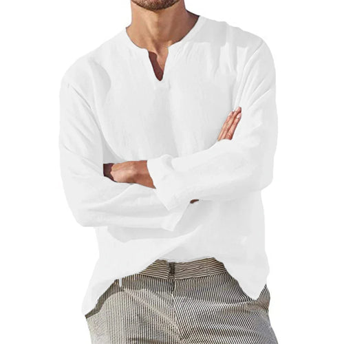 Men's Cotton Linen Shirt Cozy Solid Color Long Sleeve Breathable Tops