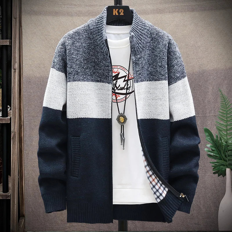 Autumn Winter Cardigan Sweater Men Fleece Zipper Sweaters Velvet