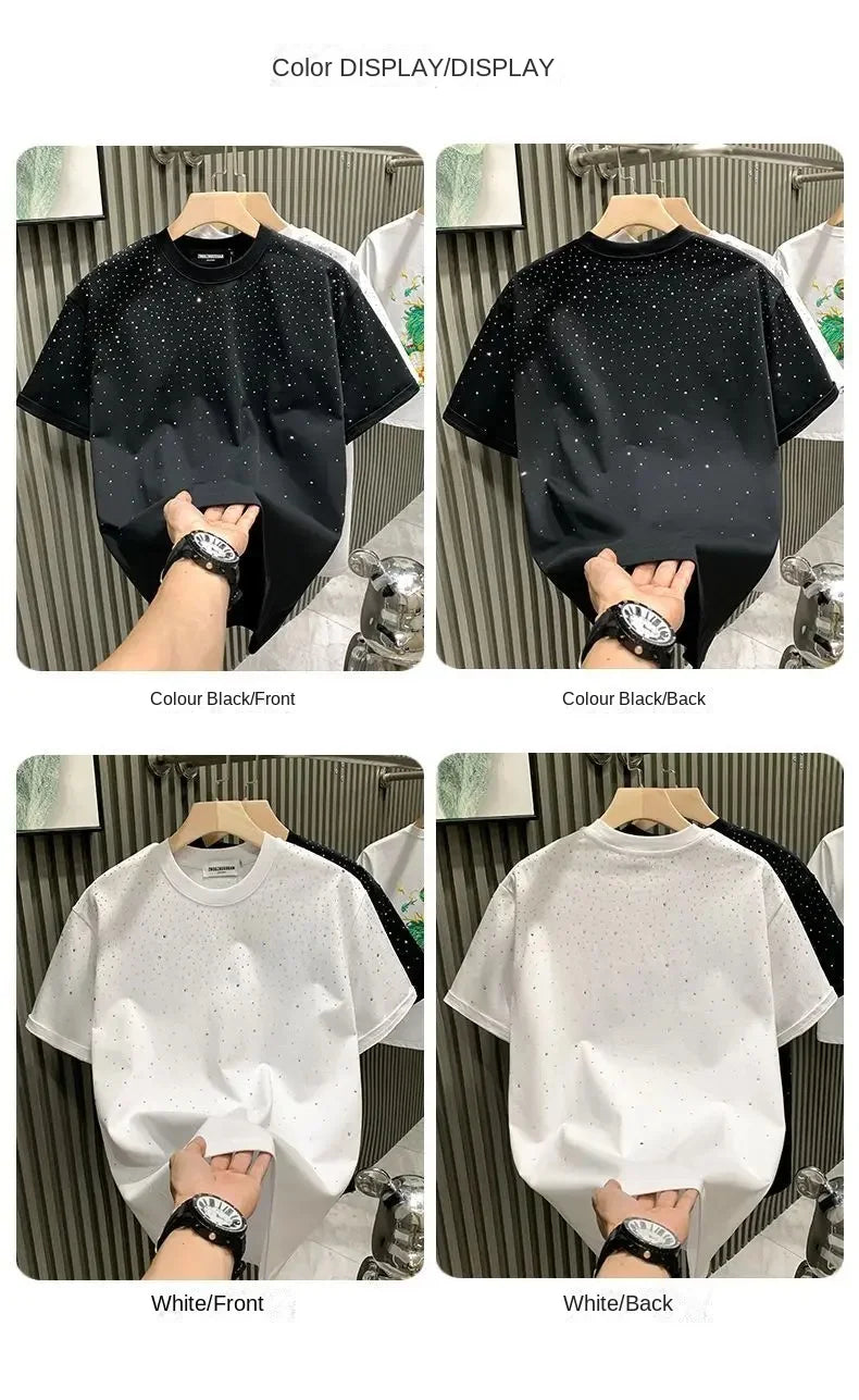 Summer Men Clothing Summer Rhinestone Rivet T-shirt Round Neck Casual
