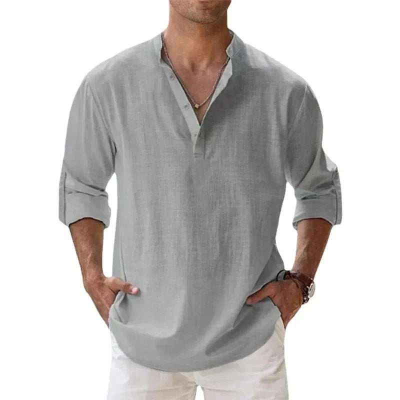 Streetwear Men Lightweight Shirts Long Sleeve Henley Cotton Linen