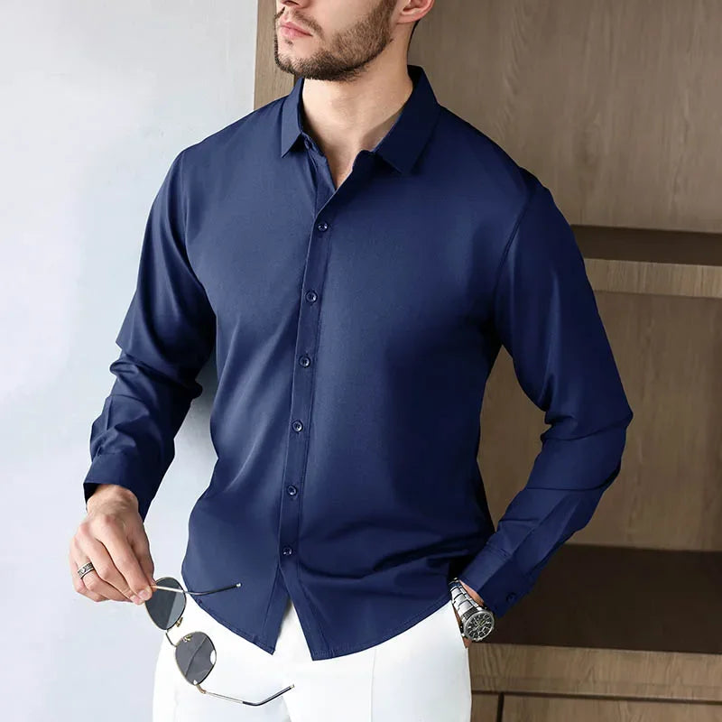 New Men's Business Casual Long Sleeved Solid Color Shirt Wrinkle