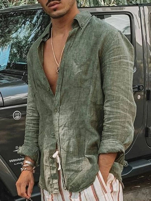 Men's casual fashion solid color thin long-sleeved shirt, lapel