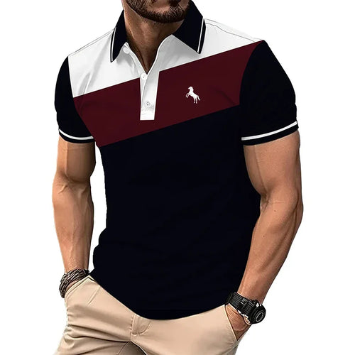 Men Clothes Summer Casual Short Sleeve Spell Color Button Polo Shirt