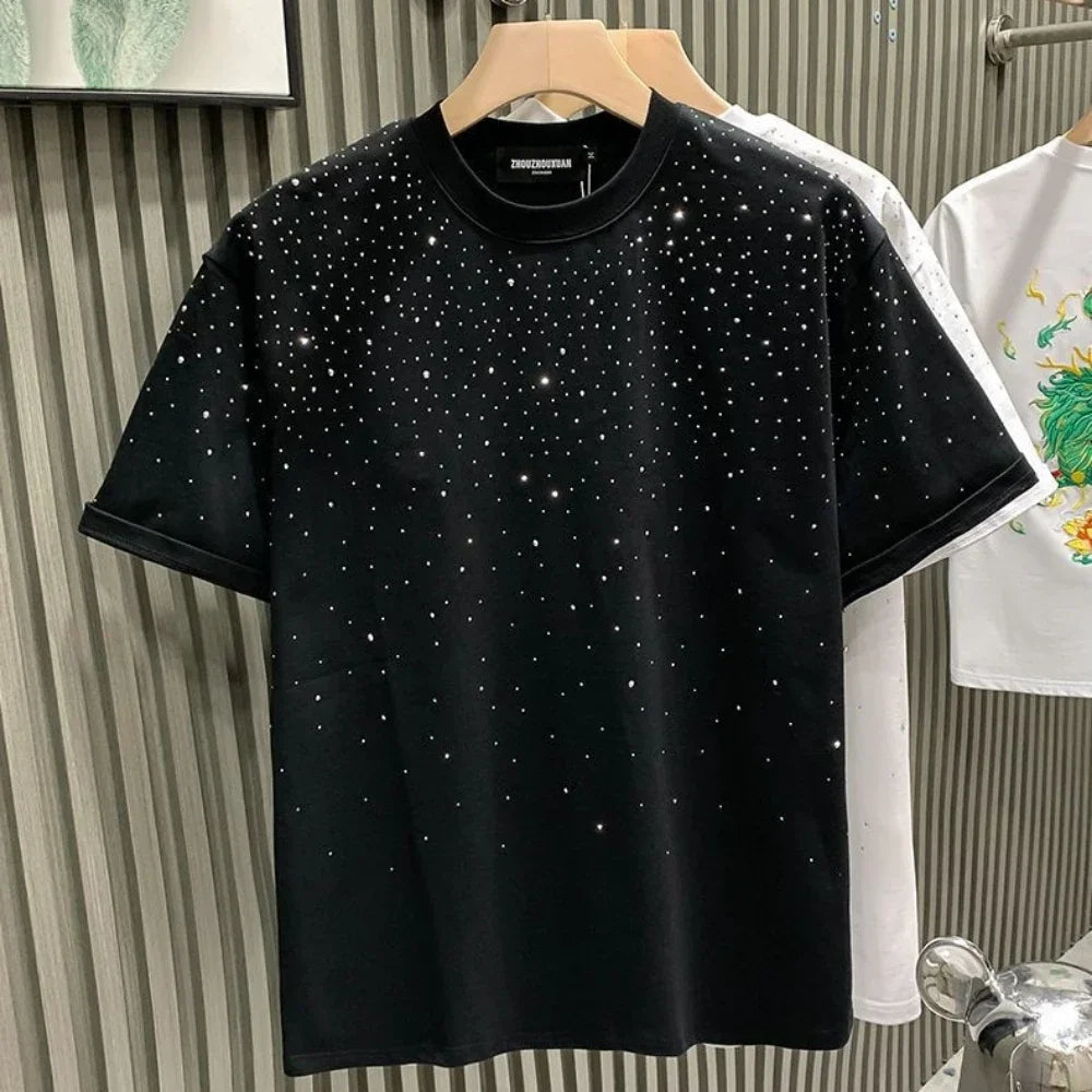 Summer Men Clothing Summer Rhinestone Rivet T-shirt Round Neck Casual
