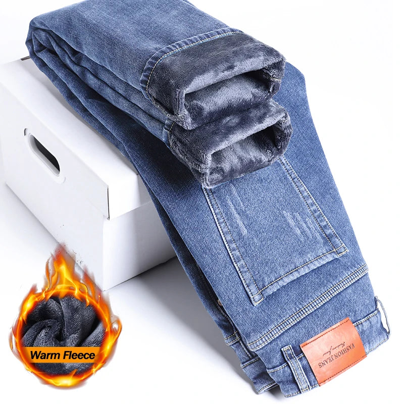 2025 Winter Fleece Jeans Men's Fashion Elastic Slim Straight Warm