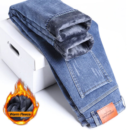 2025 Winter Fleece Jeans Men's Fashion Elastic Slim Straight Warm