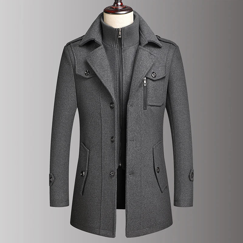 Men's Double Collar Wool Coat  Fashion Handsome Autumn Winter Business
