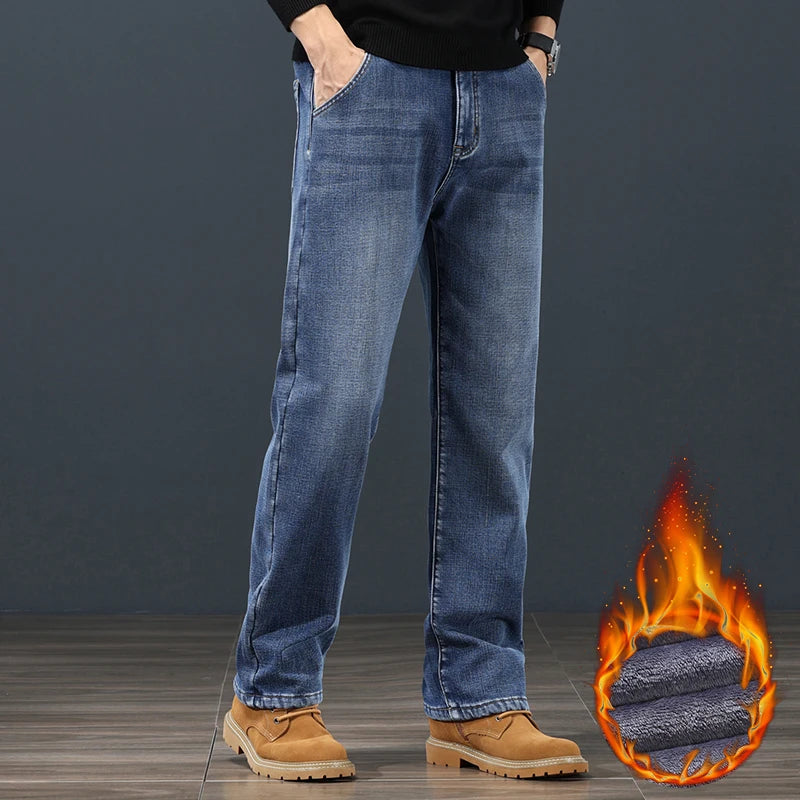 Winter Fleece Men Jeans Classic Loose Straight Warm Thicken Trousers