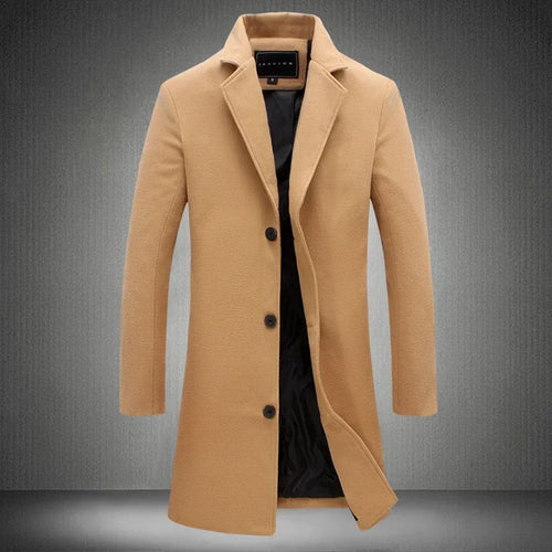 2025 Autumn Winter New Wool Men Long Cotton Coat Blend Pure Color