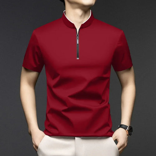 2025 New Men's Casual Fashion Zipper Solid Color Short Sleeved Polo