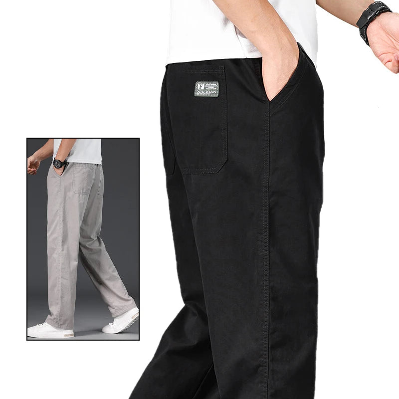 Big Size Mens Casual Pants Relaxed Fit Cotton Trousers Elastic Waist