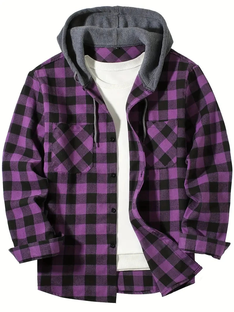 Youth Fashion Street Hooded Plaid Shirt Men's Slim Fit Long Sleeved