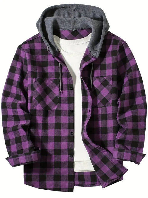 Youth Fashion Street Hooded Plaid Shirt Men's Slim Fit Long Sleeved