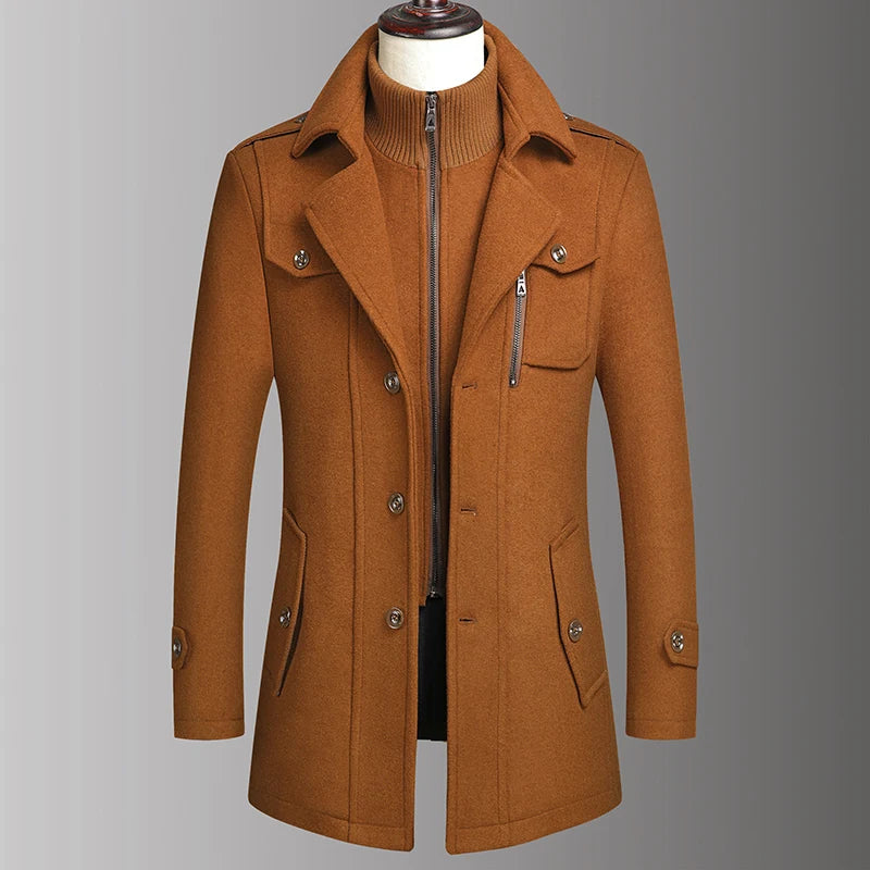Men's Double Collar Wool Coat  Fashion Handsome Autumn Winter Business