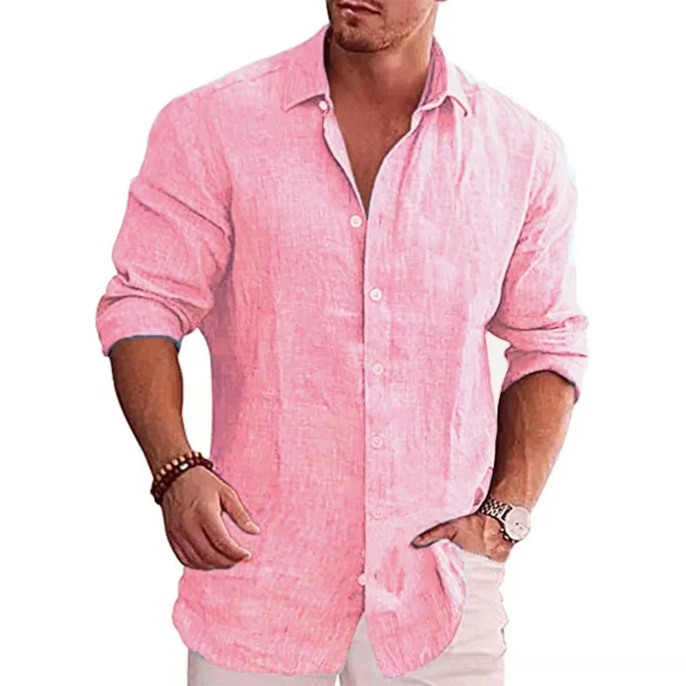 New men's cotton linen autumn hot long-sleeved shirt solid colour