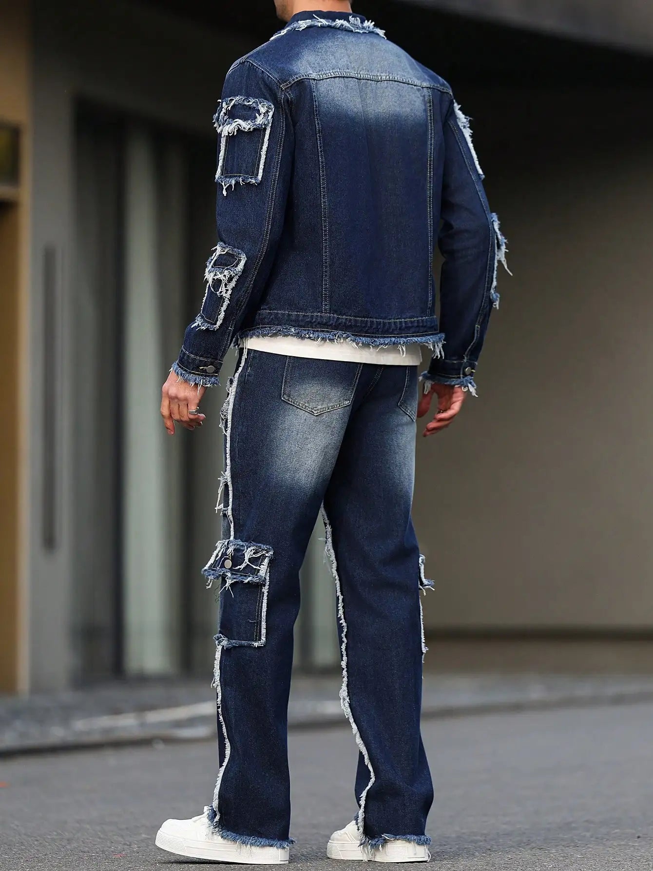 Men's spring and autumn denim suit, multi - pocket design, wide