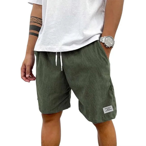 Summer Men's Solid Corduroy Shorts with Drawstring Casual Elastic
