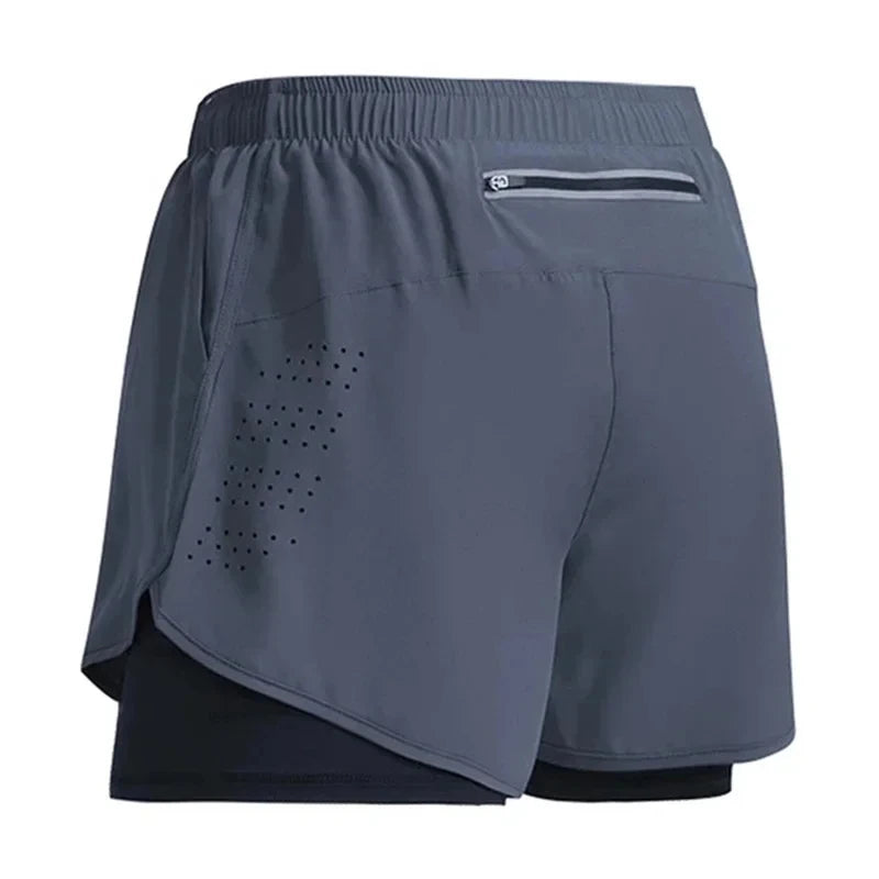 Men Fitness Built-in pocket sports Shorts Summer 2 In 1 Quick Dry Gym
