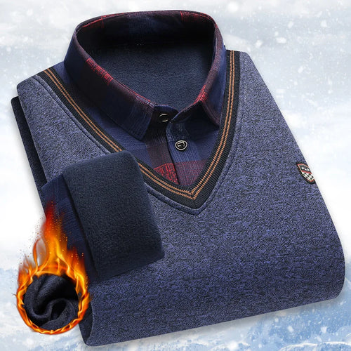 Men's Plush Sweater Autumn Winter Fake Two Piece Pullover Polo Shirt