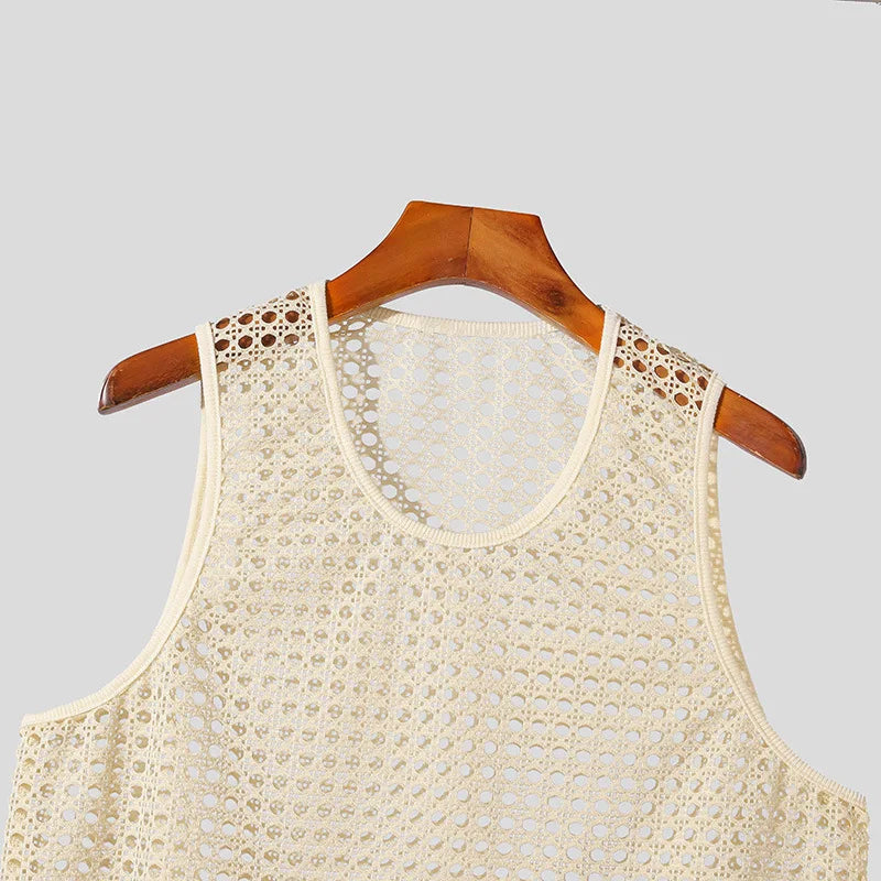 New American Style Fashion Men Tops Popular Vacation Hollow Out Mesh