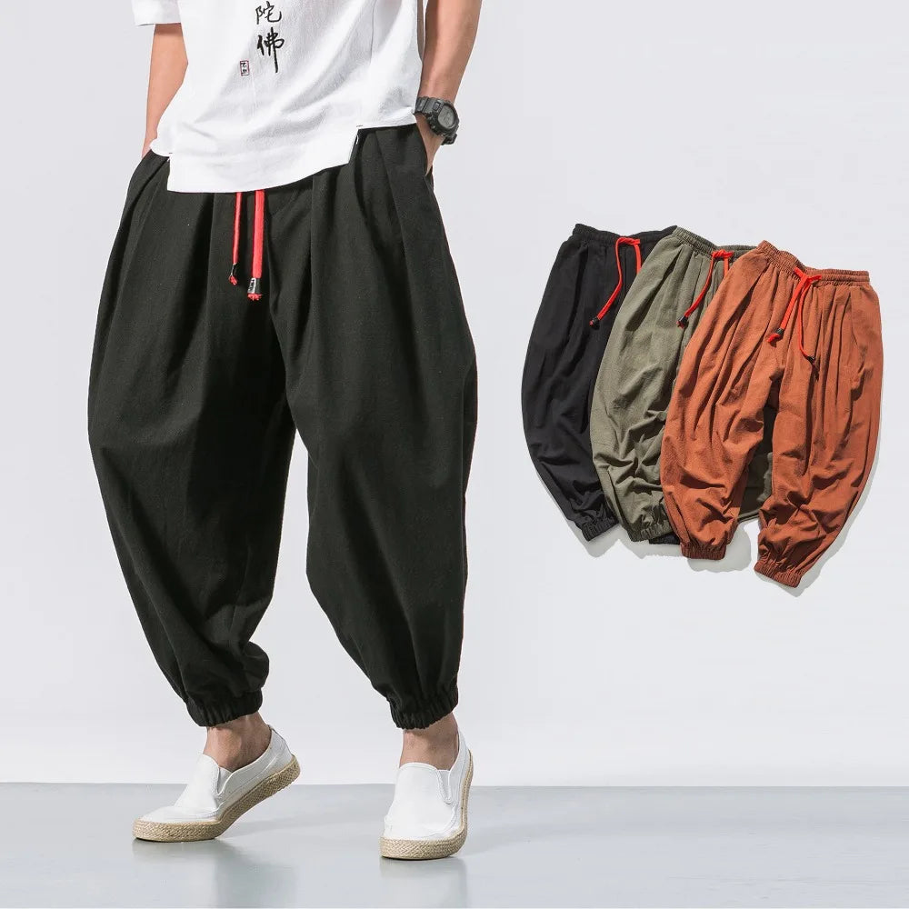 New Oversized Men Harem Pants Loose Chinese Style Cotton and Linen