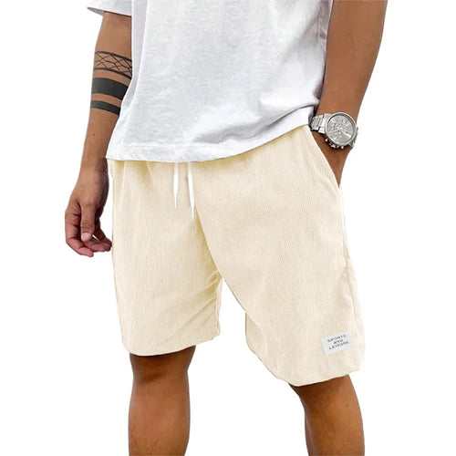 Summer Men's Solid Corduroy Shorts with Drawstring Casual Elastic