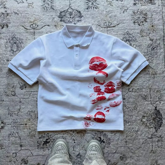 Y2K Polo Shirt Print Rock Goth Oversized T-shirt Hip Hop Button-down