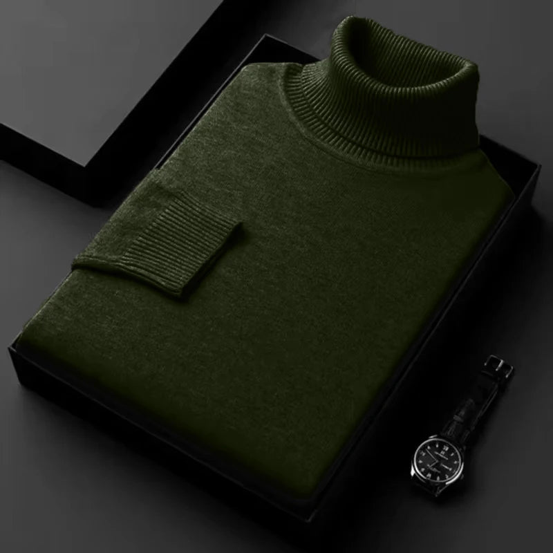 New Mens Long Sleeve Knitted Sweaters Solid Color Turtleneck Coats