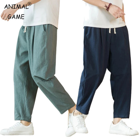 New Cotton Linen Mens Pants Casual Solid Color Breathable Streetwear
