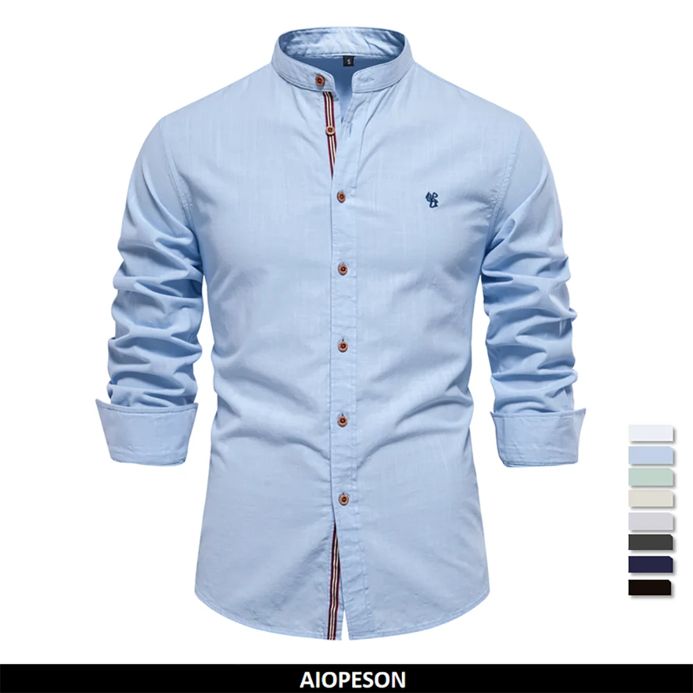 AIOPESON 100% Cotton Social Shirt Men Solid Color Long Sleeve High